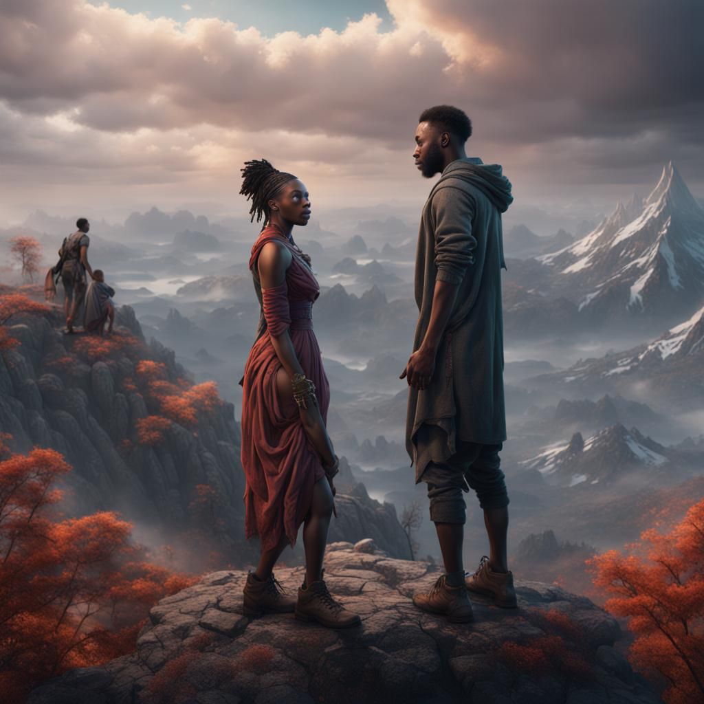 Detailed Painting of a Couple on a Mountain