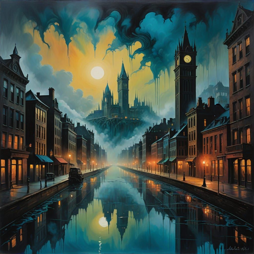 Ethereal Gotham Cityscape at Dusk in a Gothic Dreamscape