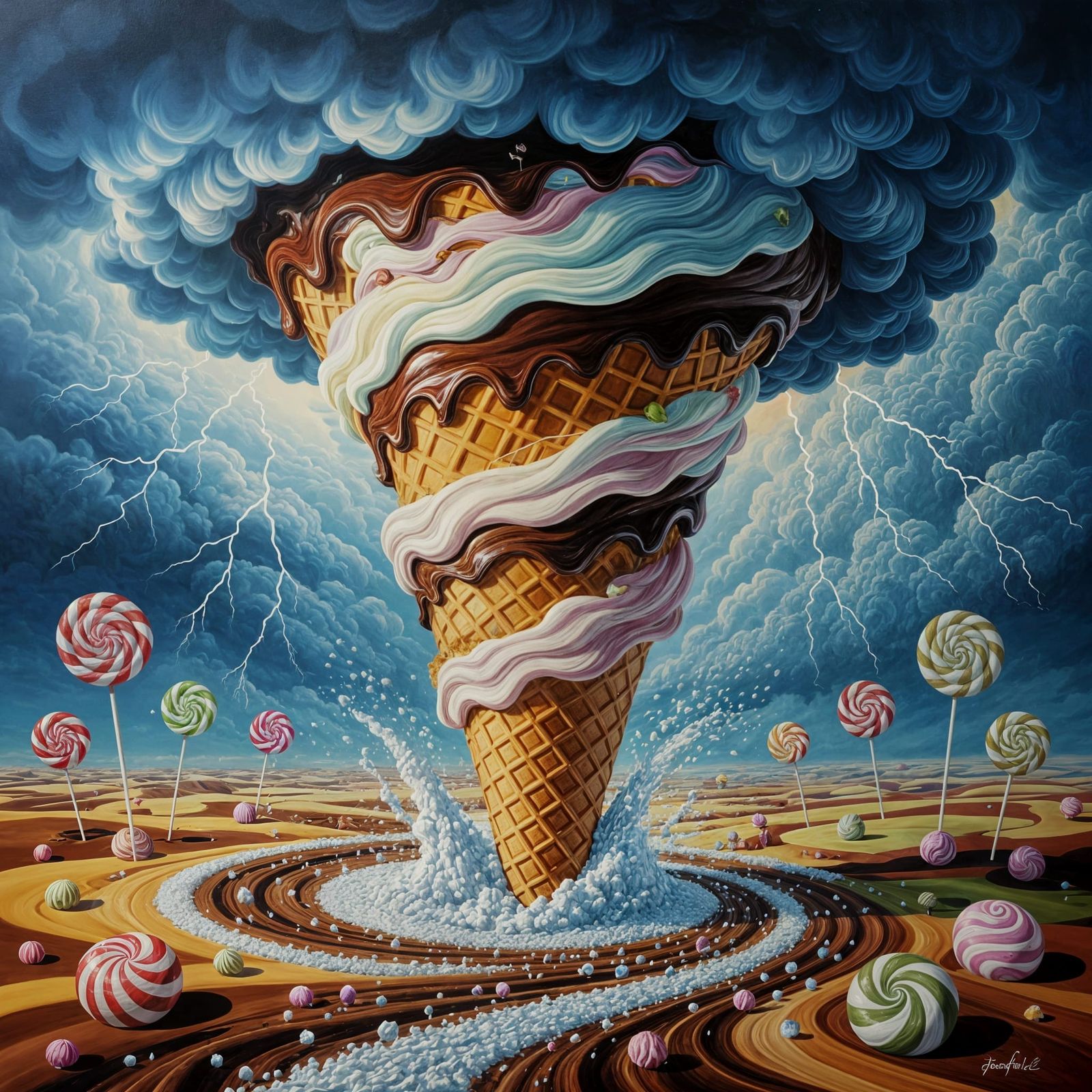 Surreal Ice Cream Tornado in Candy Landscape