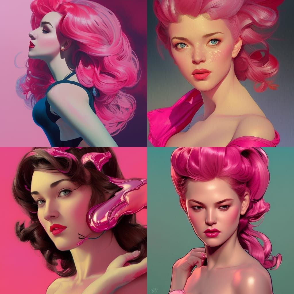 Hot Pink Pin-Up Girl Portrait: Art Nouveau Style
