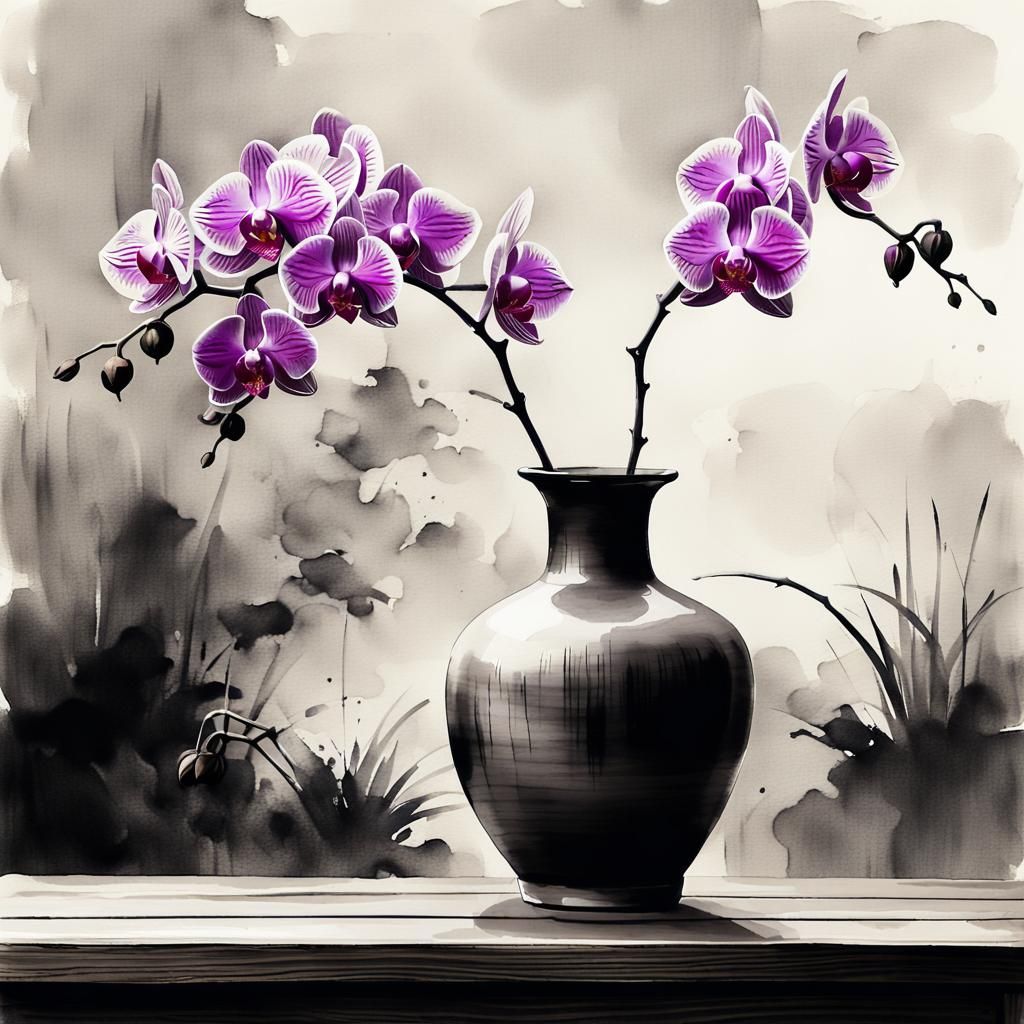 Orchid Flowers in Vase: Sumi-e Ink Painting