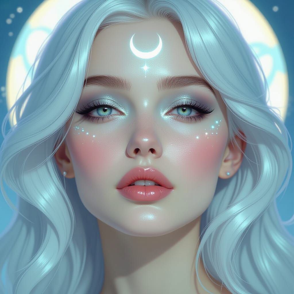 Ethereal Lunar Portrait of a Silver-Haired Woman