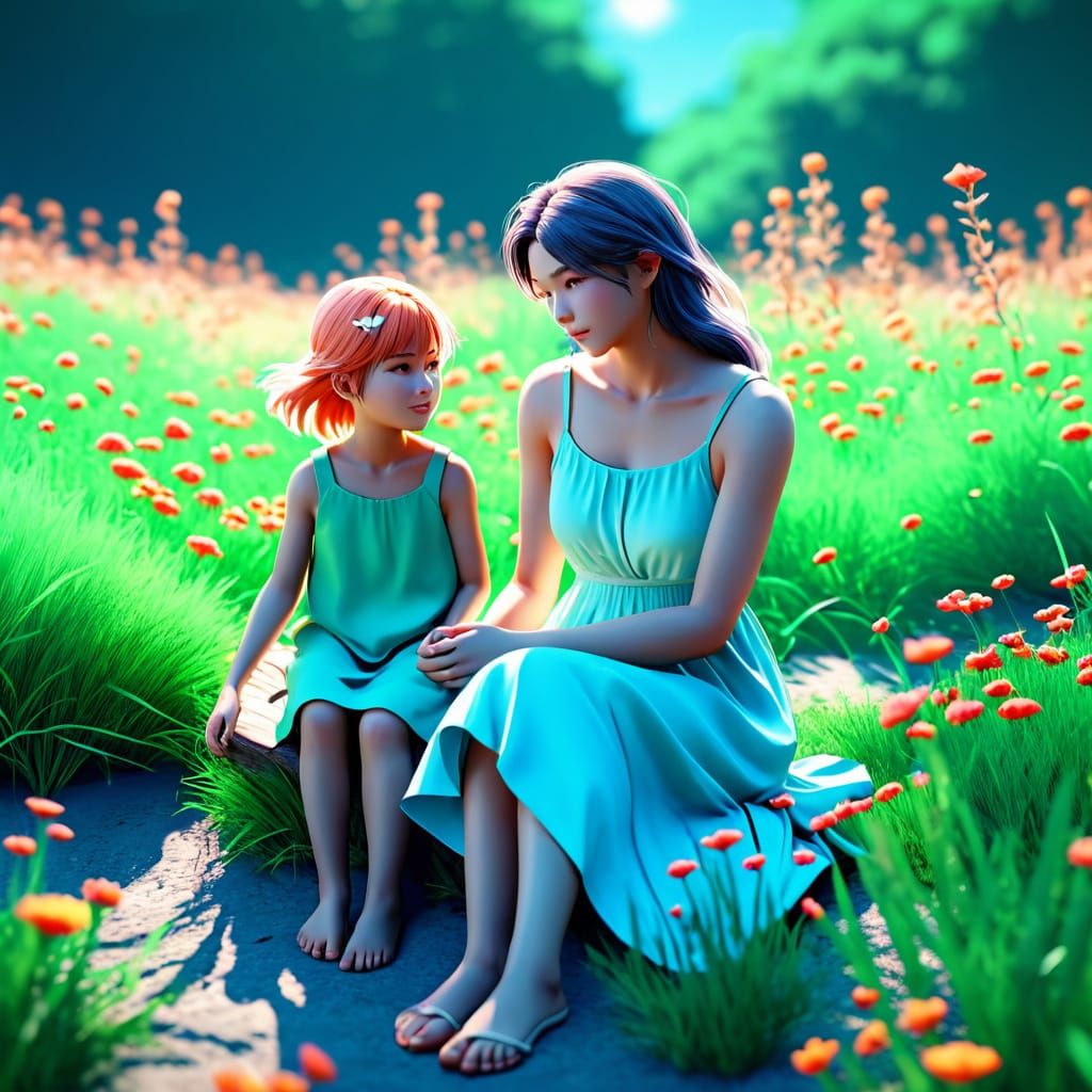 Gentle Anime Mother and Child in Whimsical Floral Scene