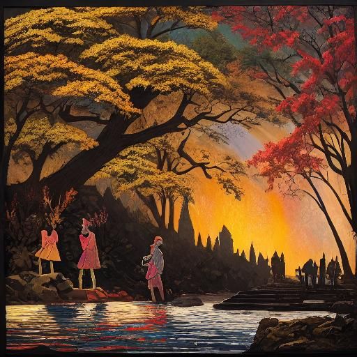 Sakura Tree by Lake in Knotwork Sketches Style