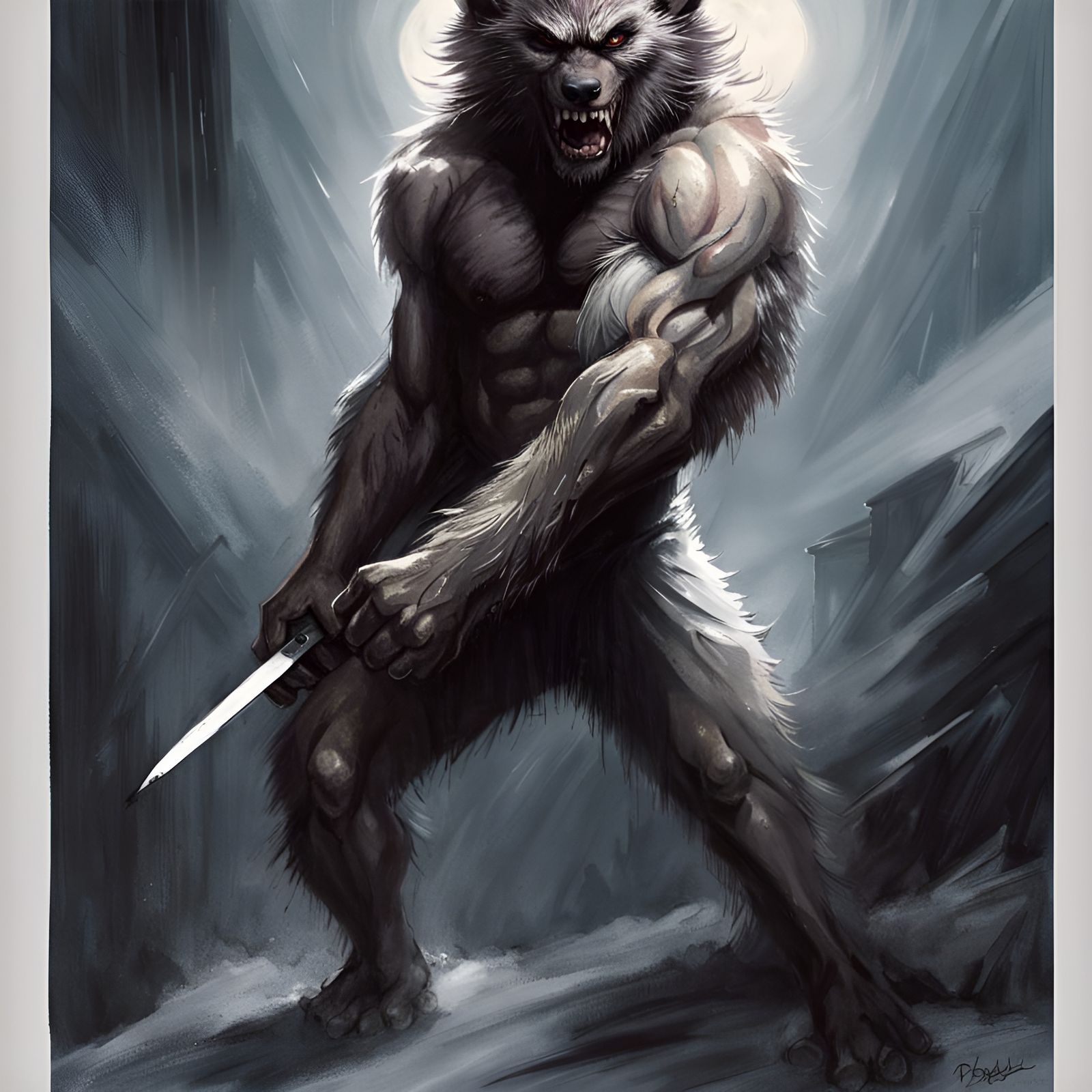 Fuzzy Werewolf Lycanthrope Portrait in Razorpunk Style