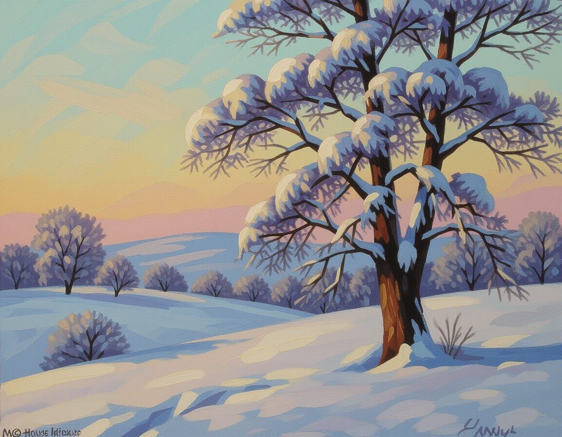 Frosted Winter Tree Landscape with Pastel Sky