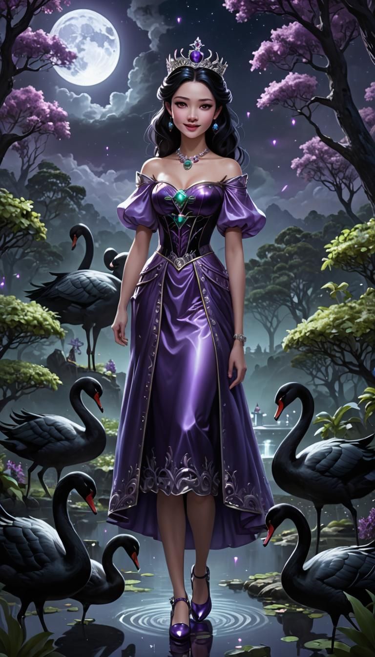 Princess with Black Swans in Dark Forest