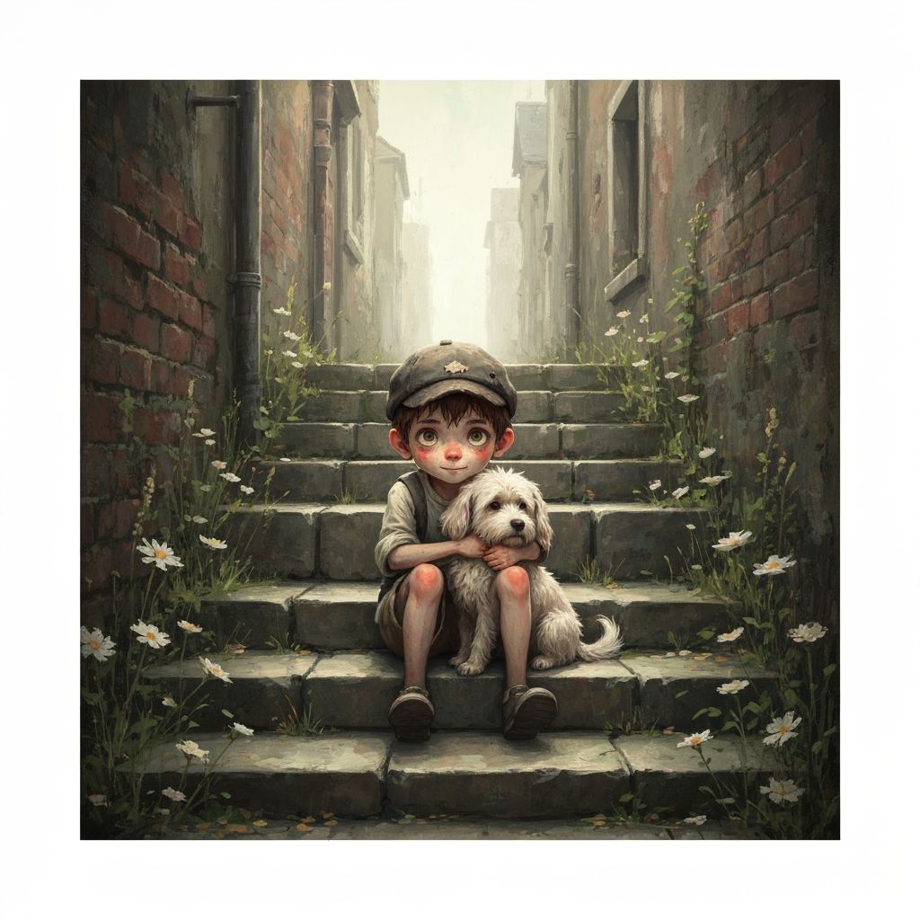 Boy and Dog in Alleyway, Impressionist Oil Painting