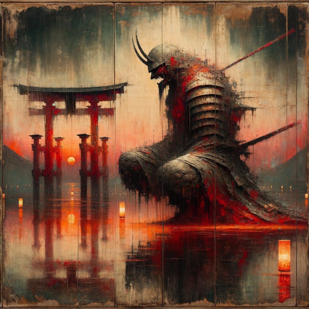 Surreal Oil Painting of an Oni by a Majestic Torii Gate