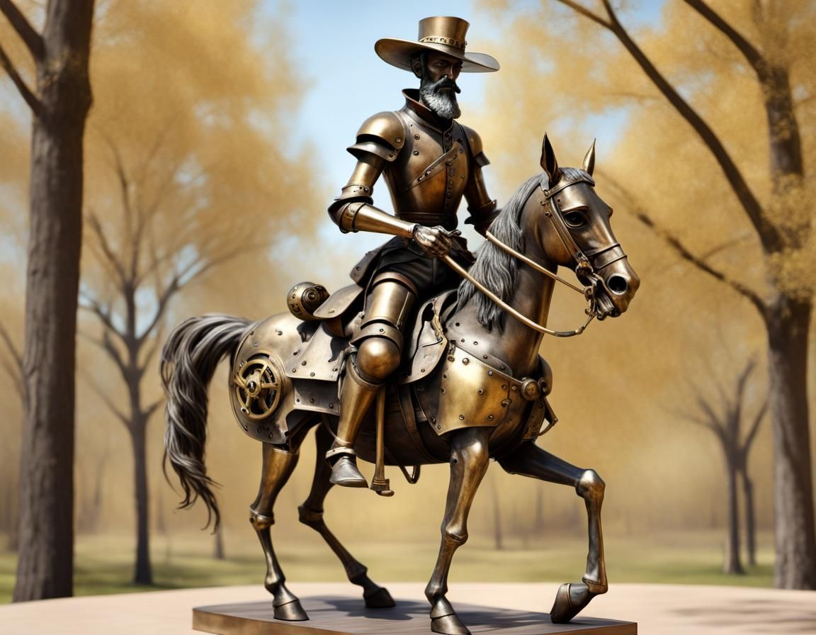Steampunk Metal Don Quixote Sculpture on Horse