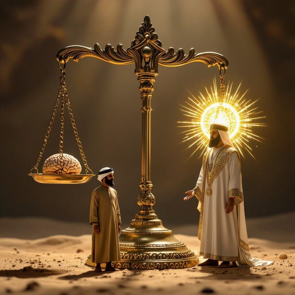 Golden Balance Scale with Brains, Cinematic 8K Scene