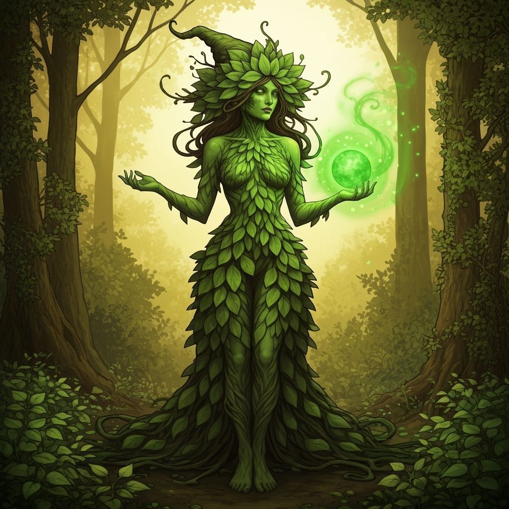 Dryad Witch with Glowing Orb in Sun-Dappled Glade