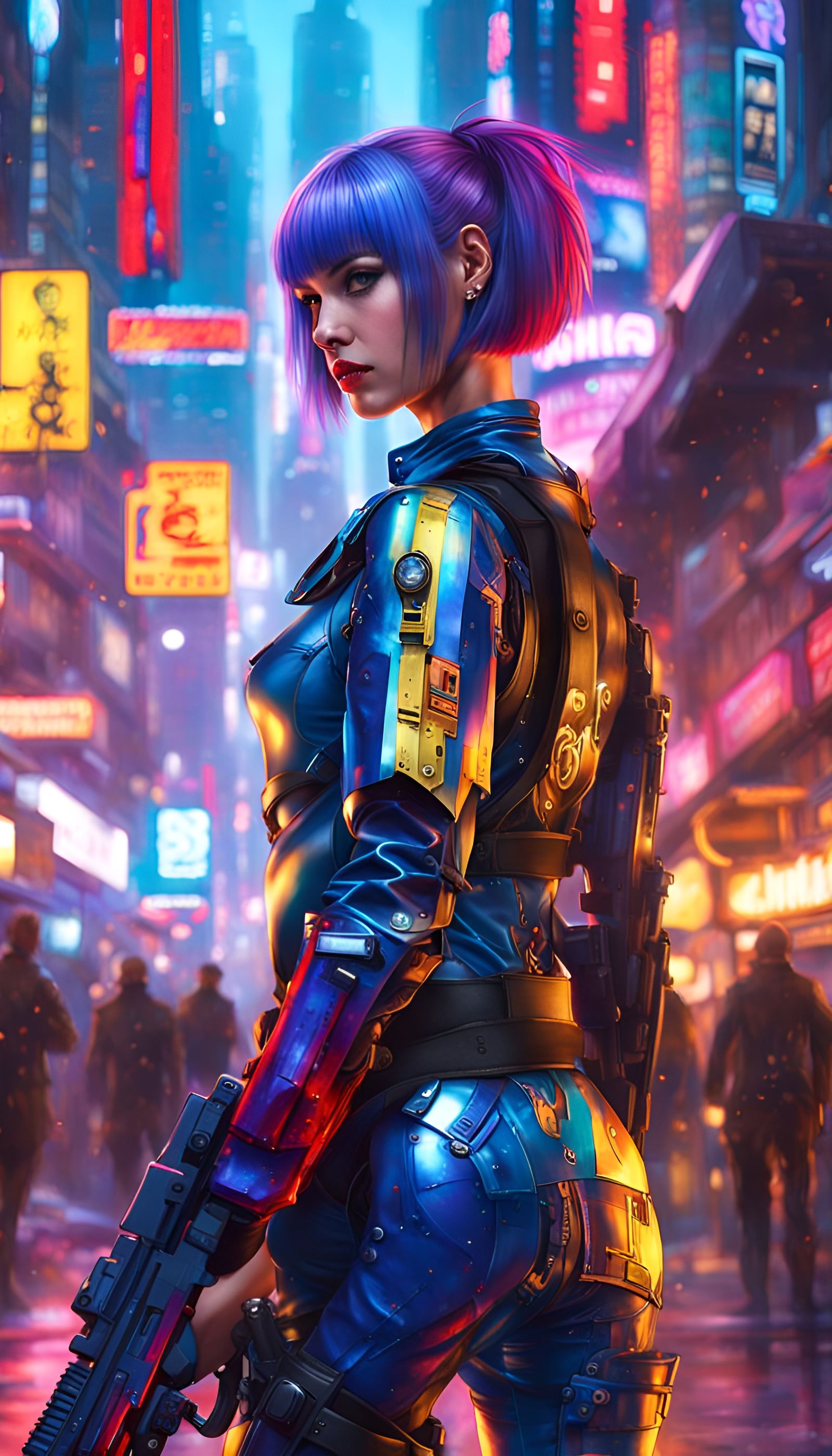 Cyberpunk Girl with Futuristic Rifle in Neon City