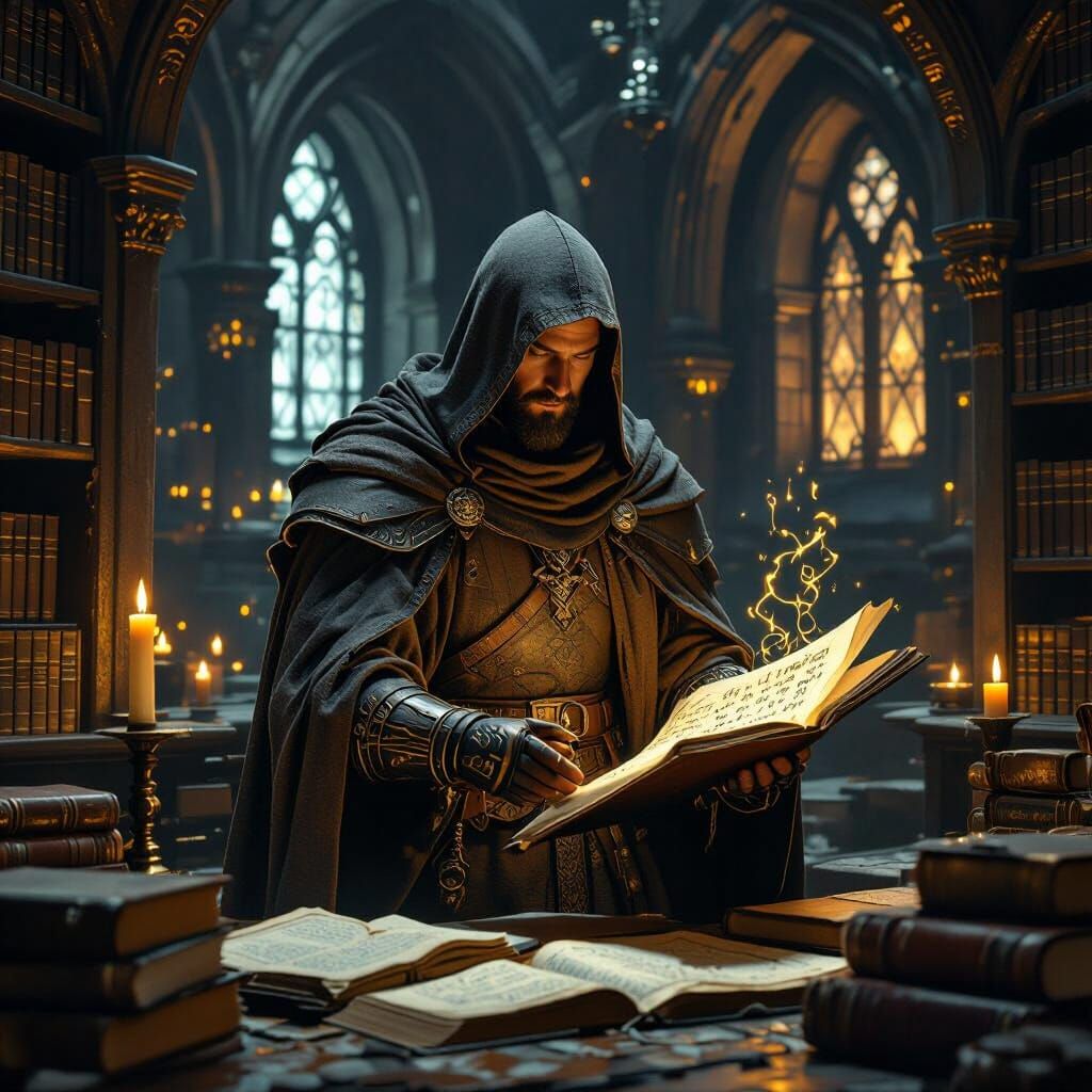 Knight Discovering Glowing Scroll in Stone Library