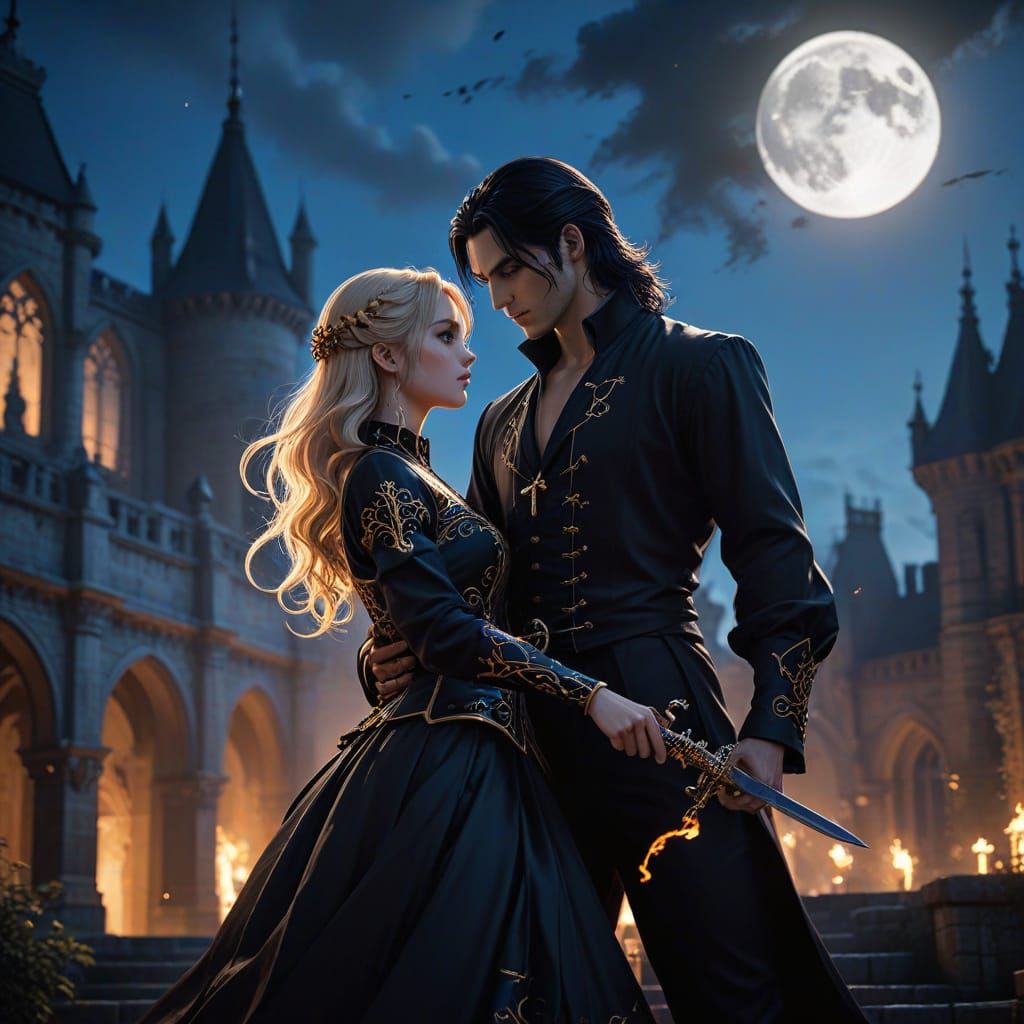 Vampire King and Lady in Moonlit Castle Courtyard