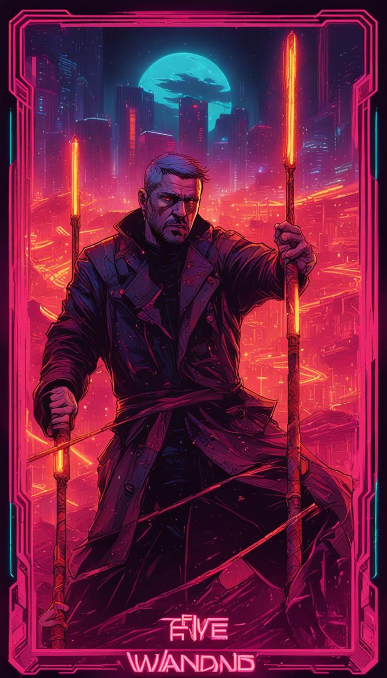Detailed Five of Wands Tarot Card in Cyberpunk Style