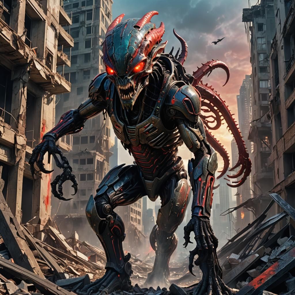 Alien Warrior in Ruined City: Hyperrealistic Concept Art