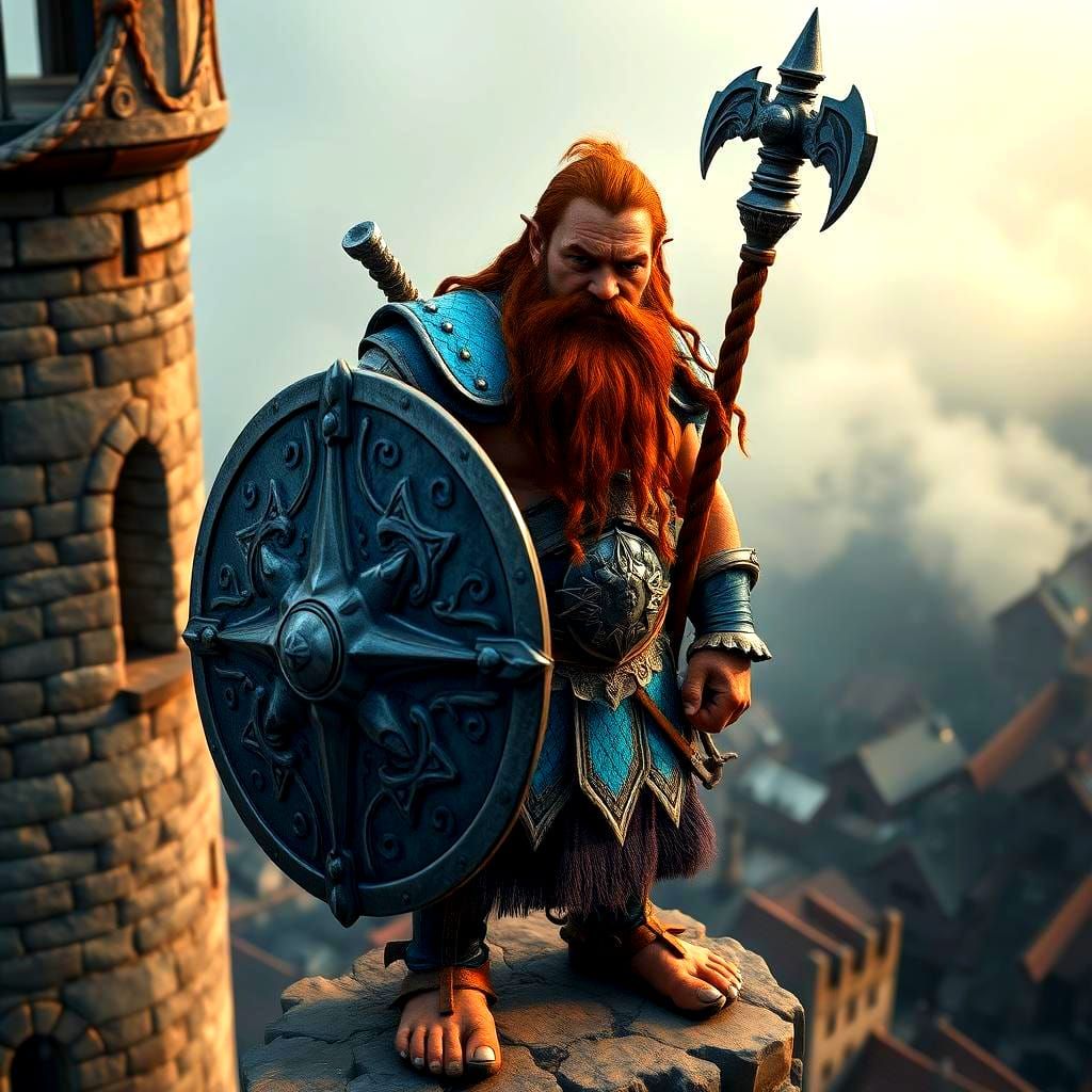 Dwarf Warrior Priest on Castle Wall in Fantasy Style
