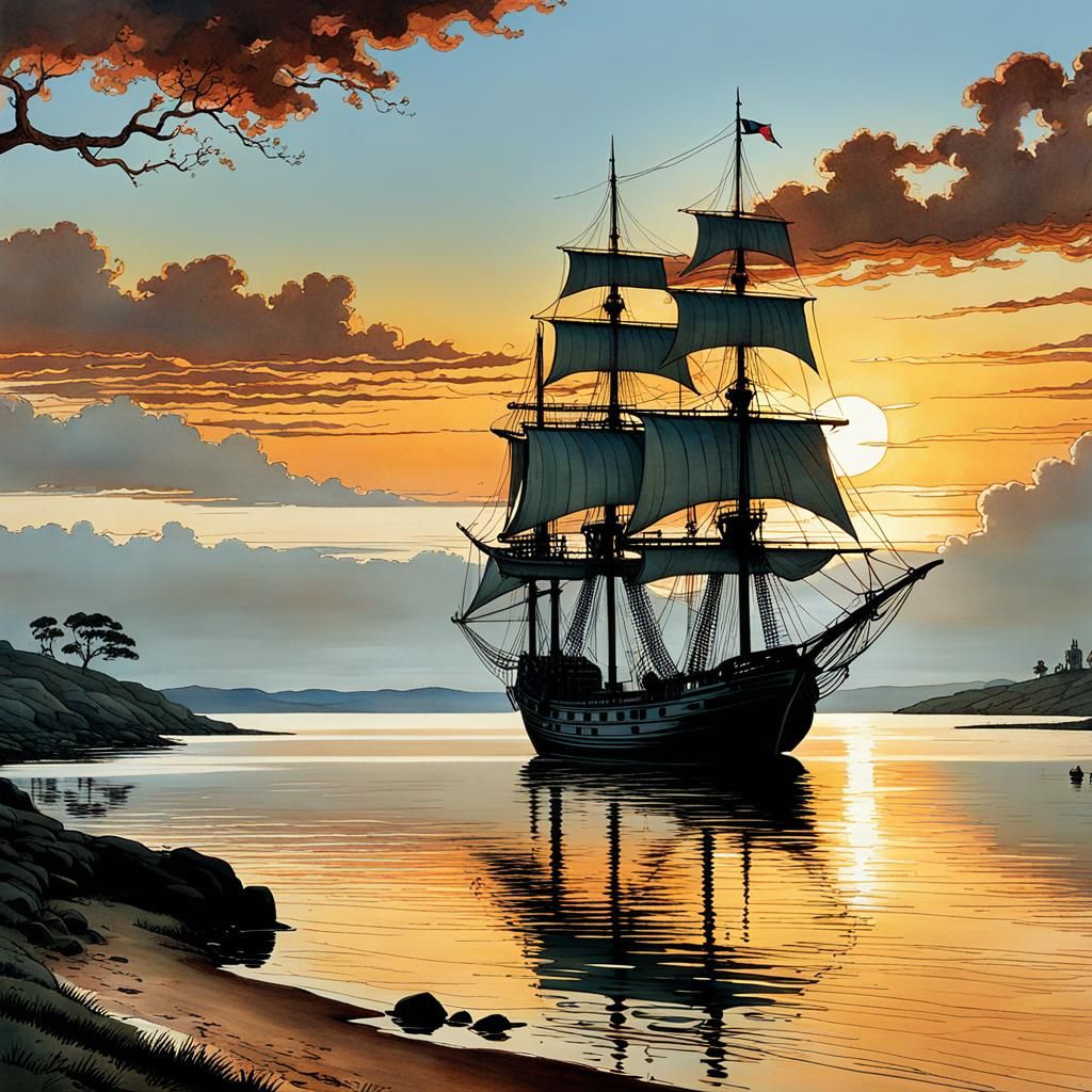 Romantic Sunset Sailing Scene in Impressionist Style