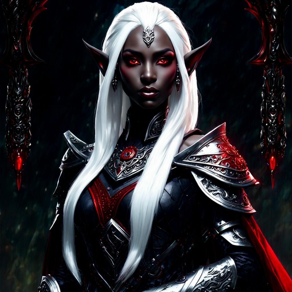 Ethereal Dark Elf with Crimson Eyes, Digital Art