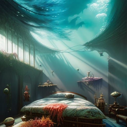 Underwater Bioluminescent Bedroom in Hyperdetailed Digital A...