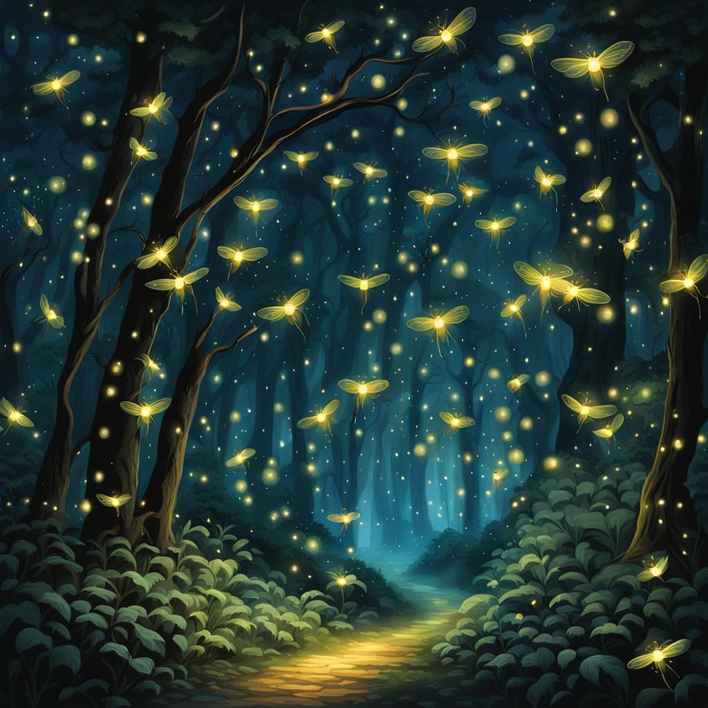 Ethereal Fireflies Illuminate a Velvety Night: Hyperrealisti...