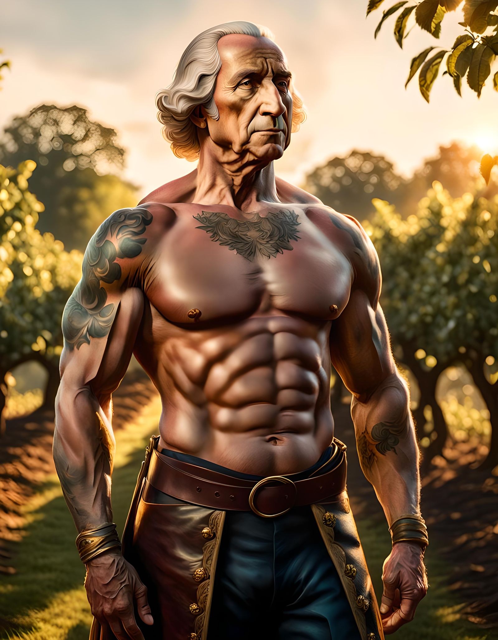 Fantasy Photorealistic Founding Father in Apple Orchard