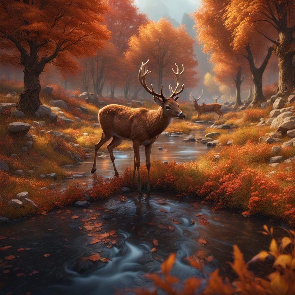 Beautiful autumn scene with deer drinking from creek