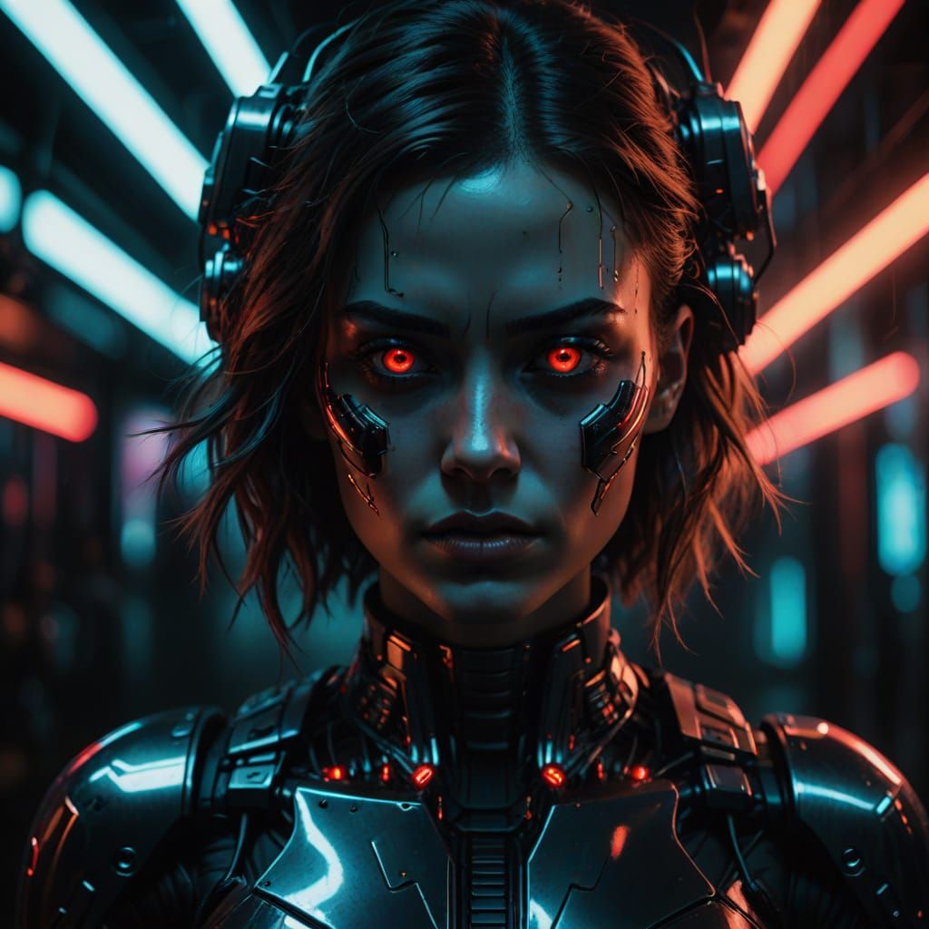 Cyberpunk Goddess with Red Eyes and Robotic Half-Face in Neo...