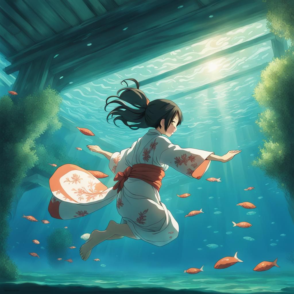 Kimono Girl Underwater: Studio Ghibli Anime