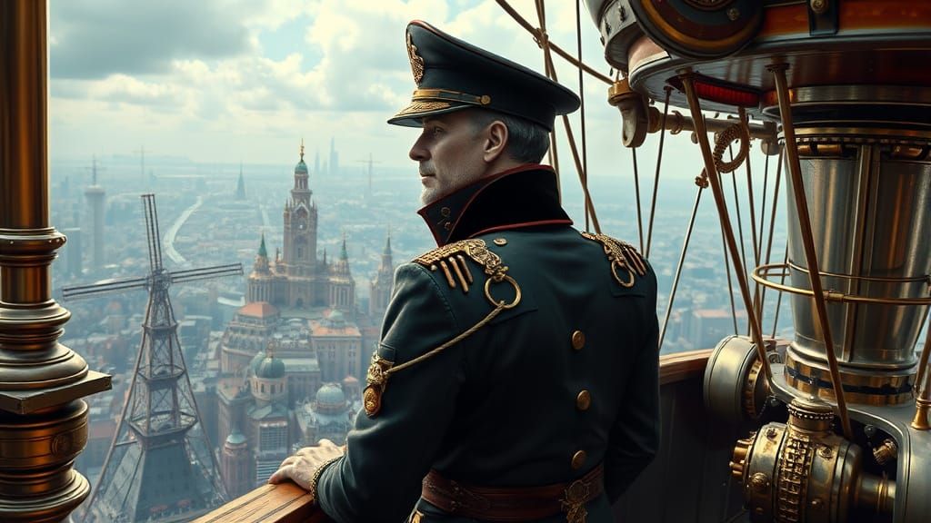 Steampunk Airship Captain Over Victorian Cityscape