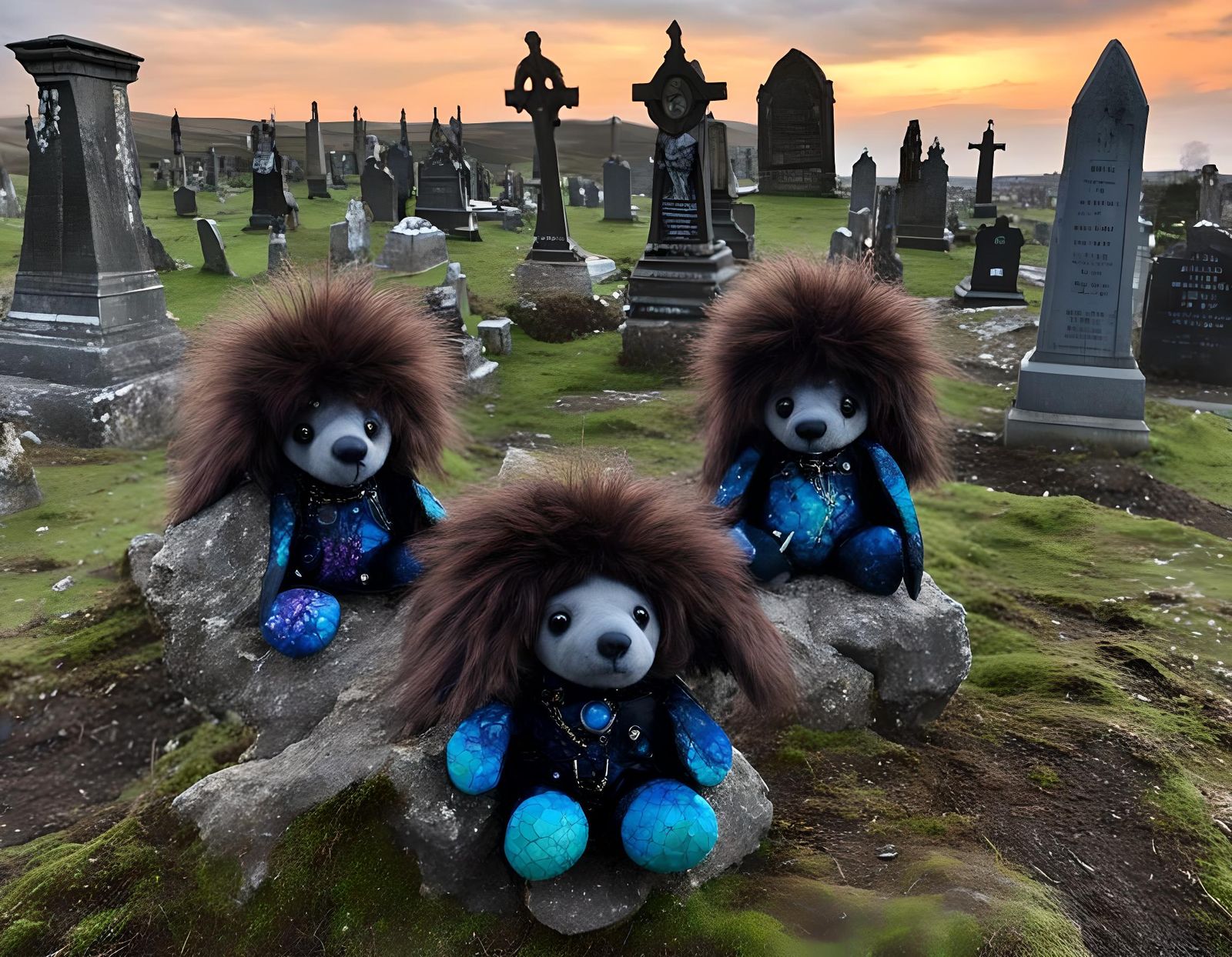 Dreamy Plushies in Cemetery, Cloisonné Style