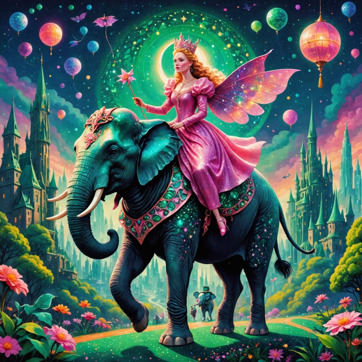 Glinda Rides Elephant in Emerald City: Pointillism