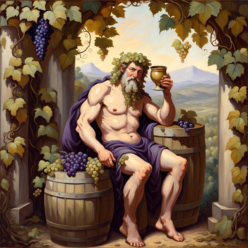 Dionysus Amidst Vines: An Oil Painting