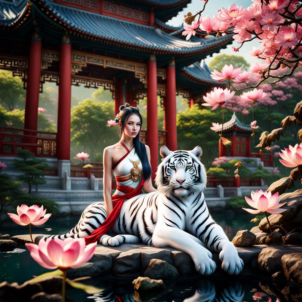 Chinese Garden Scene with Woman and White Tigers