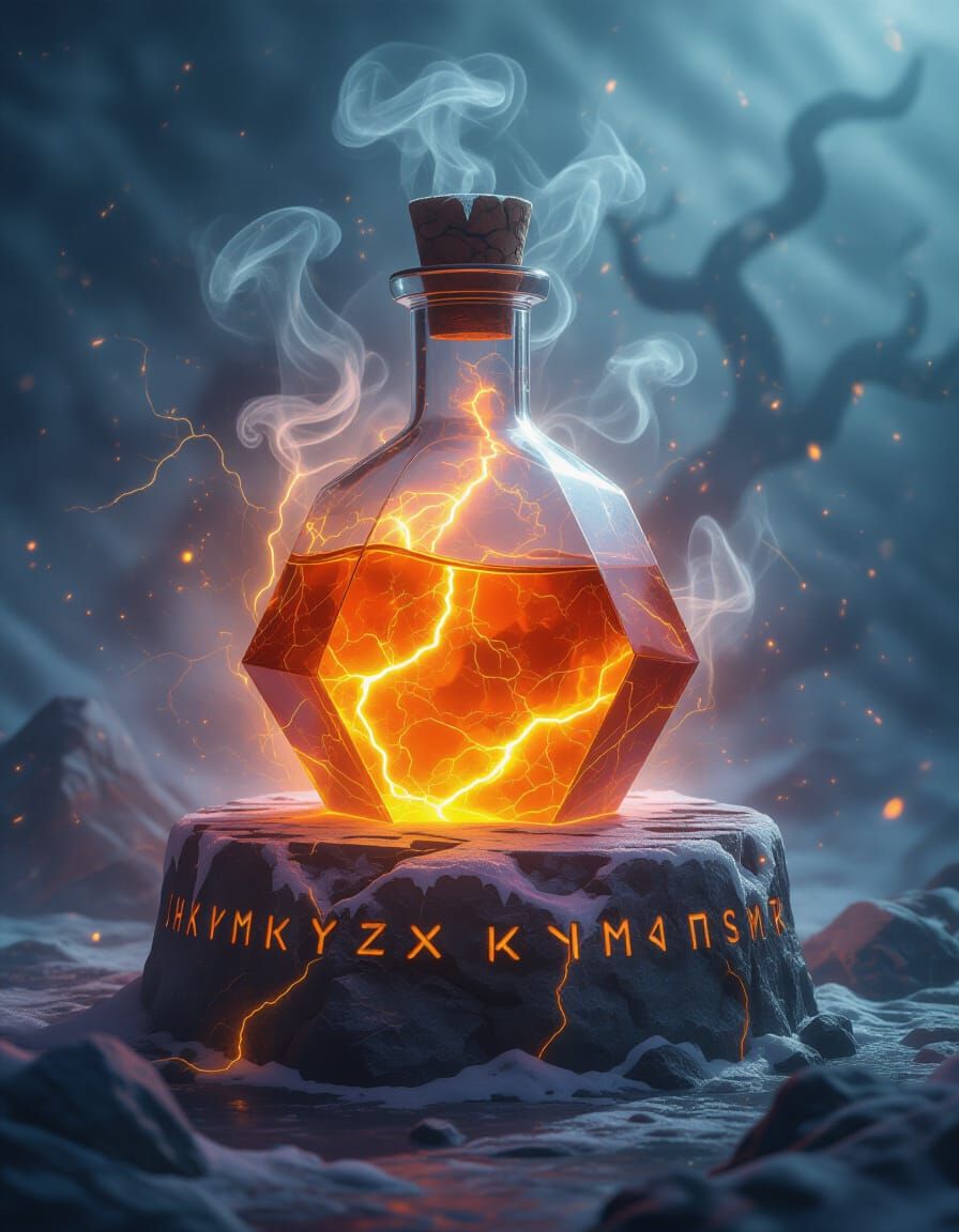 Fiery Hexagonal Flask with Frost and Lightning