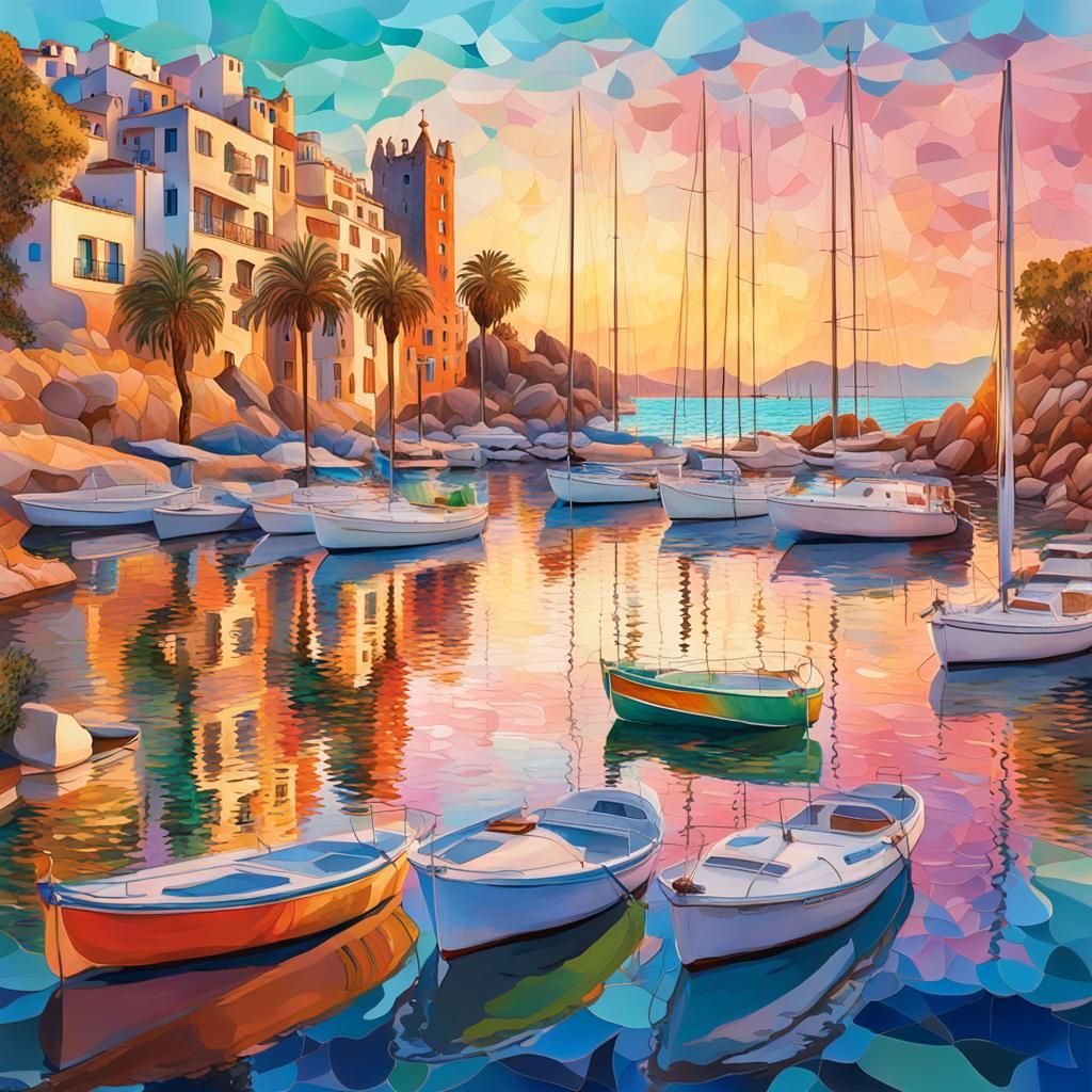Cadaqués Beach Sunset in Gaudi Style: Digital Art
