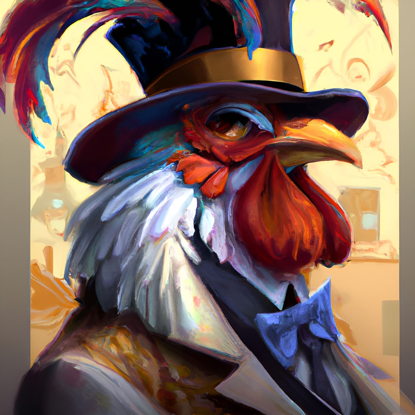 Fancy rooster in an old fashioned tuxedo and top hat