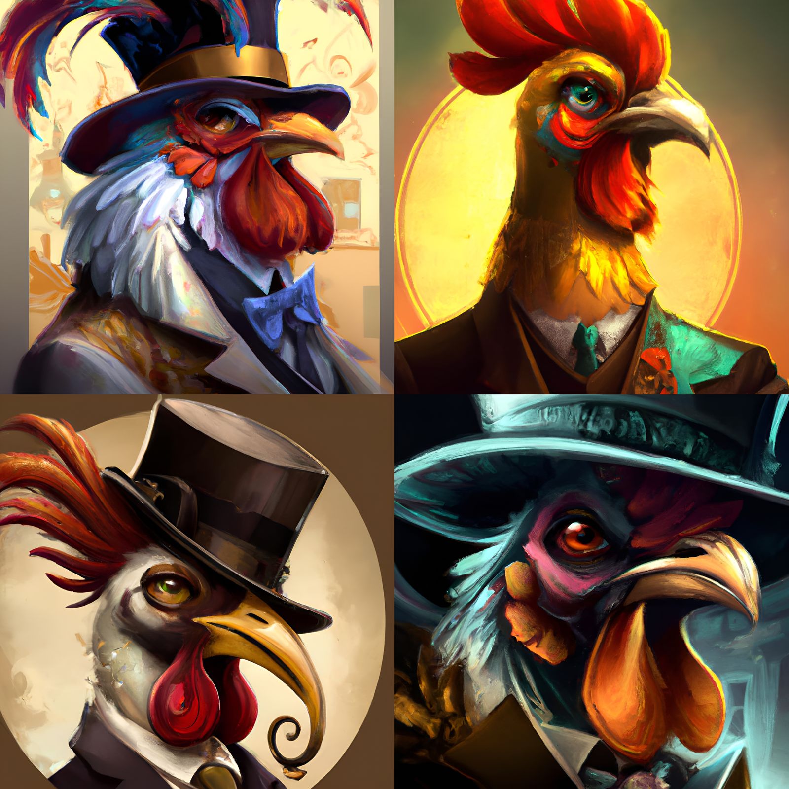 Roosters in tuxedo and top hat