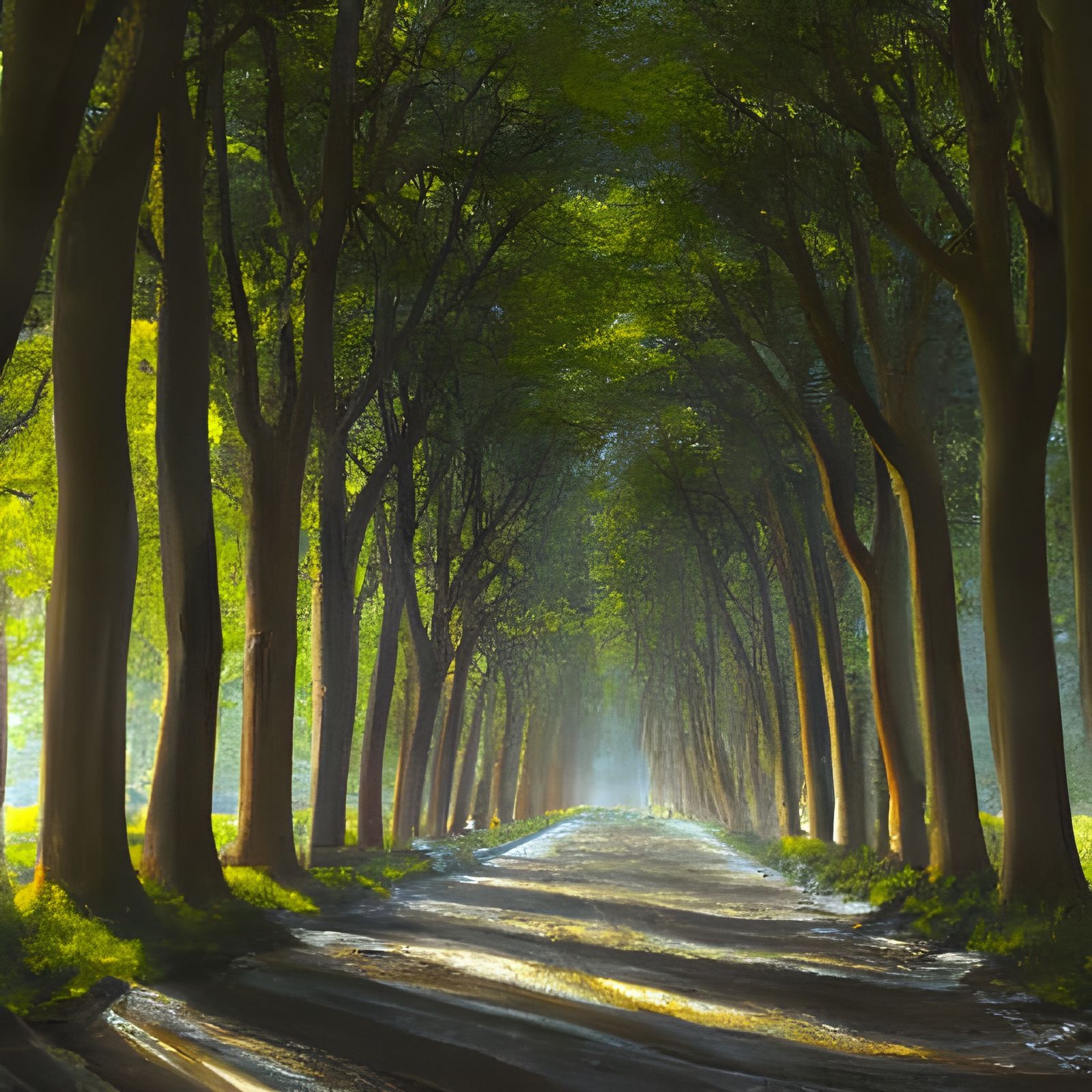 Sunlit Avenue of Trees in Oil Painting Style