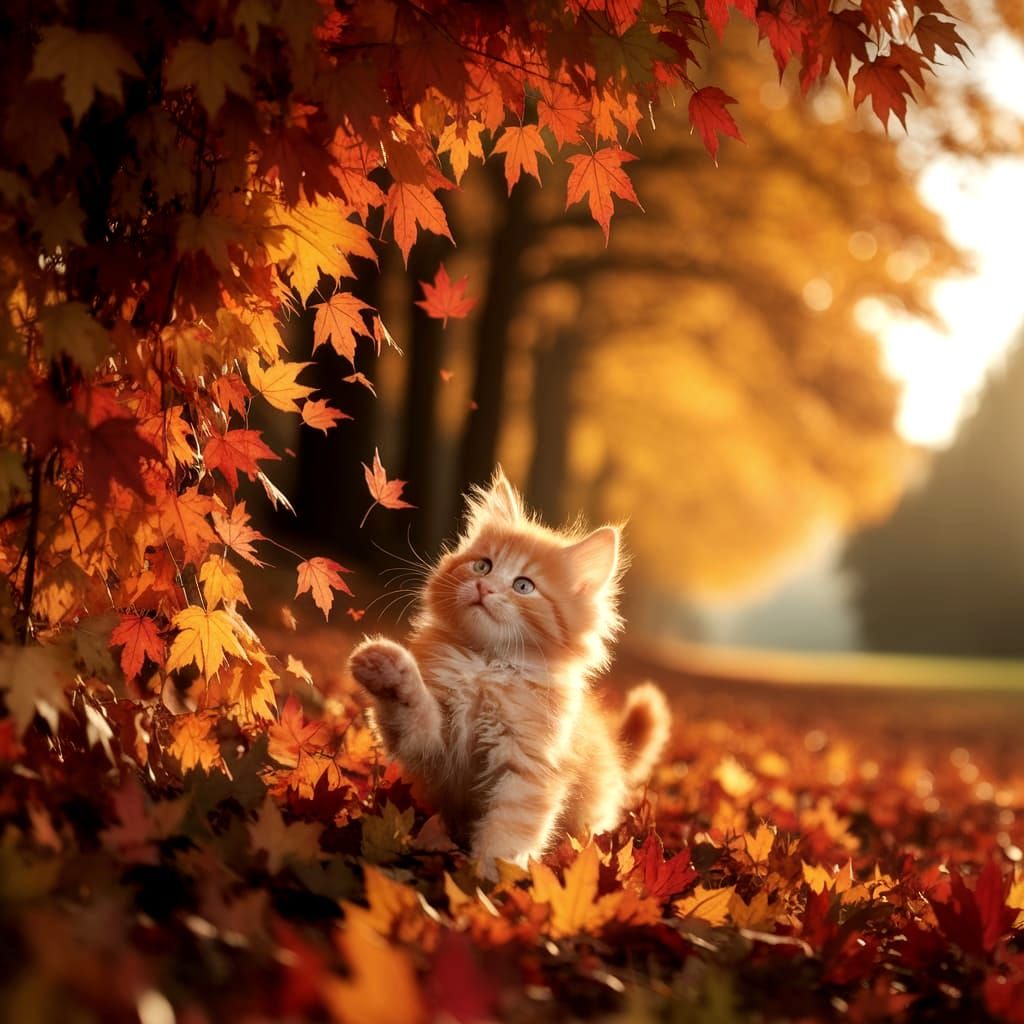 Fluffy Ginger Kitten Plays in Autumn Leaves