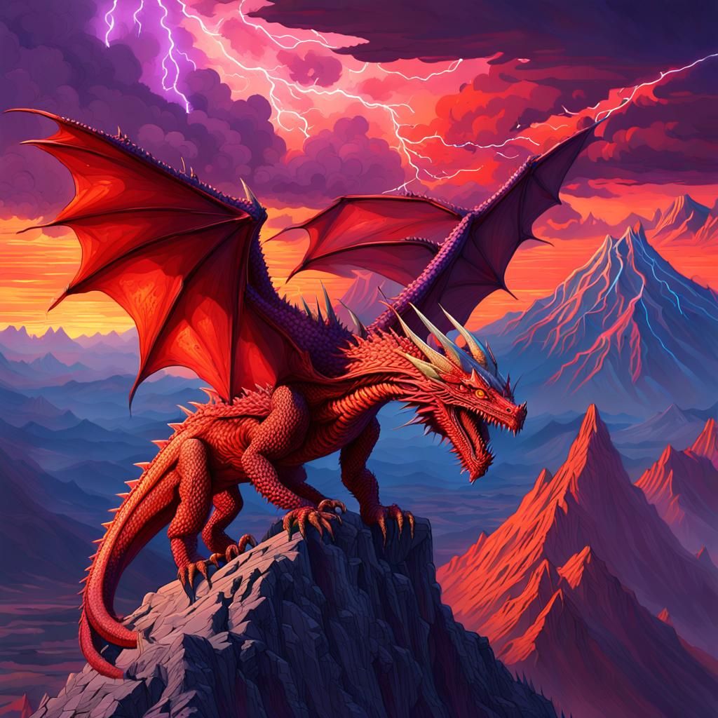 Red Dragon Over Volcanic Landscape in Dark Fantasy Art