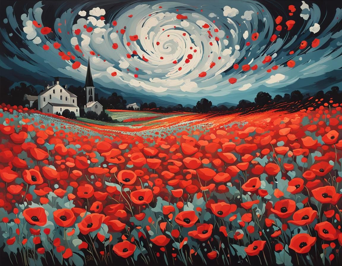 Stormy Poppy Field with Swirling Petals