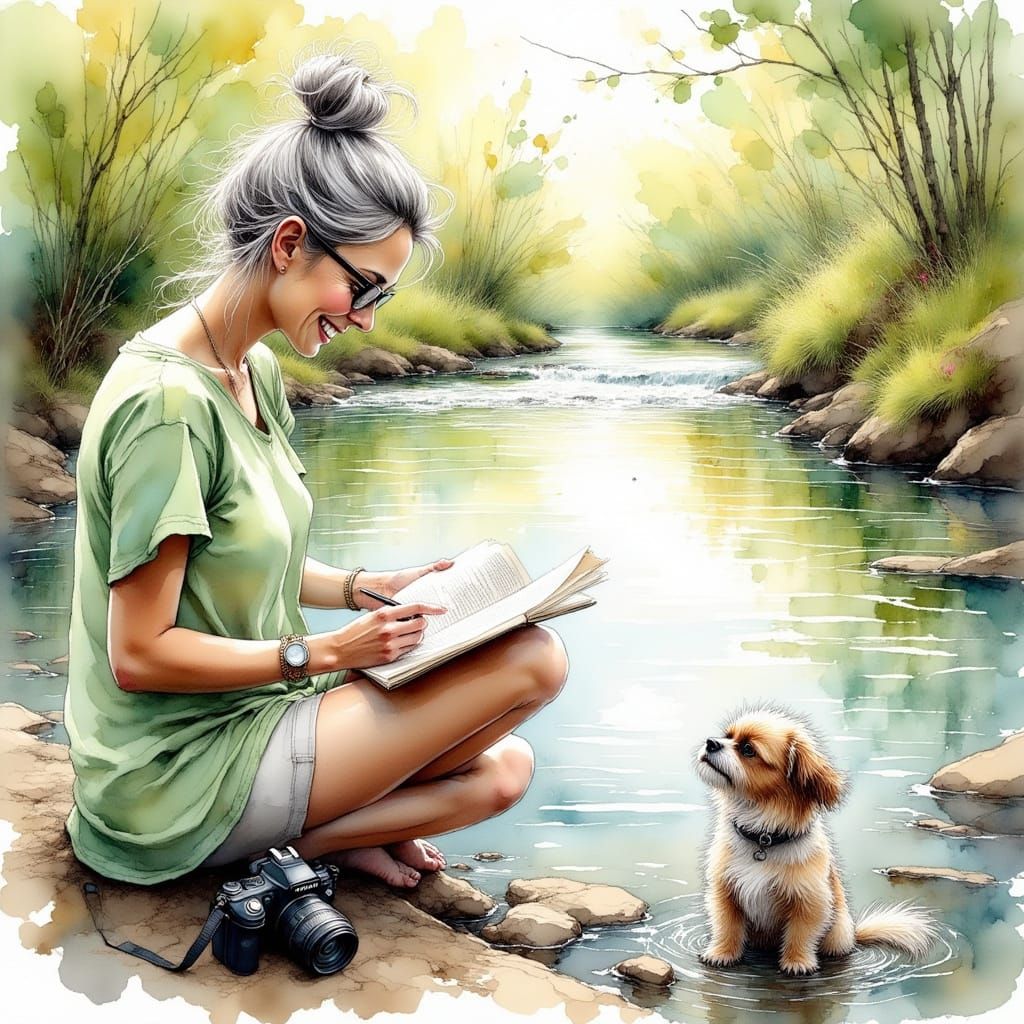 Woman Reading by Stream in Watercolor Style