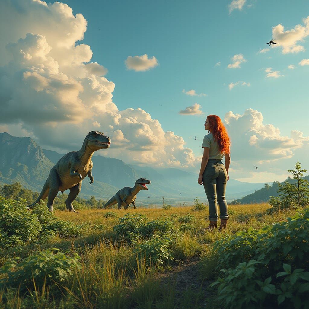 Paleontologist in Fern Prairie with Dinosaurs, Art Nouveau S...