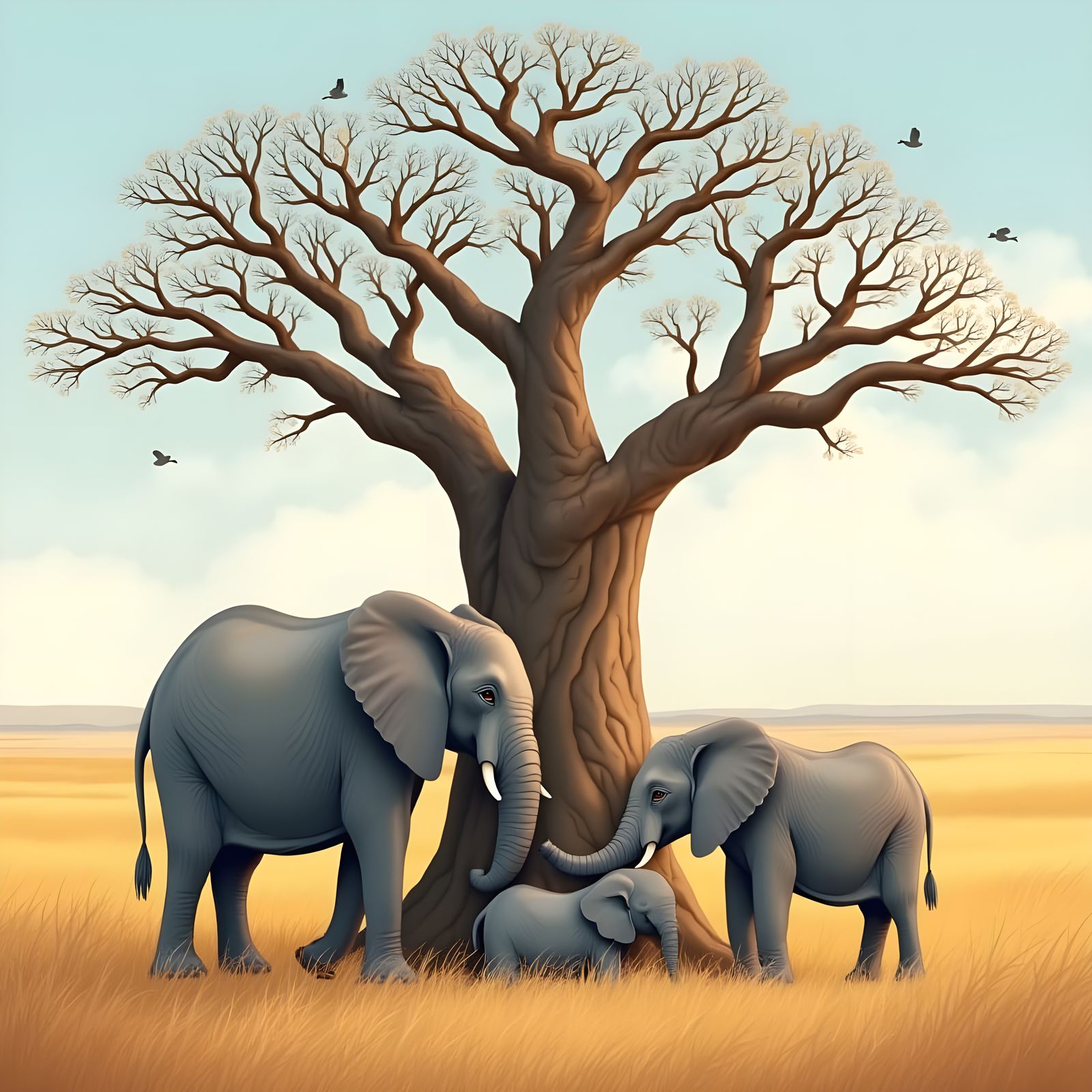 Elephant Family Resting Under Baobab Tree