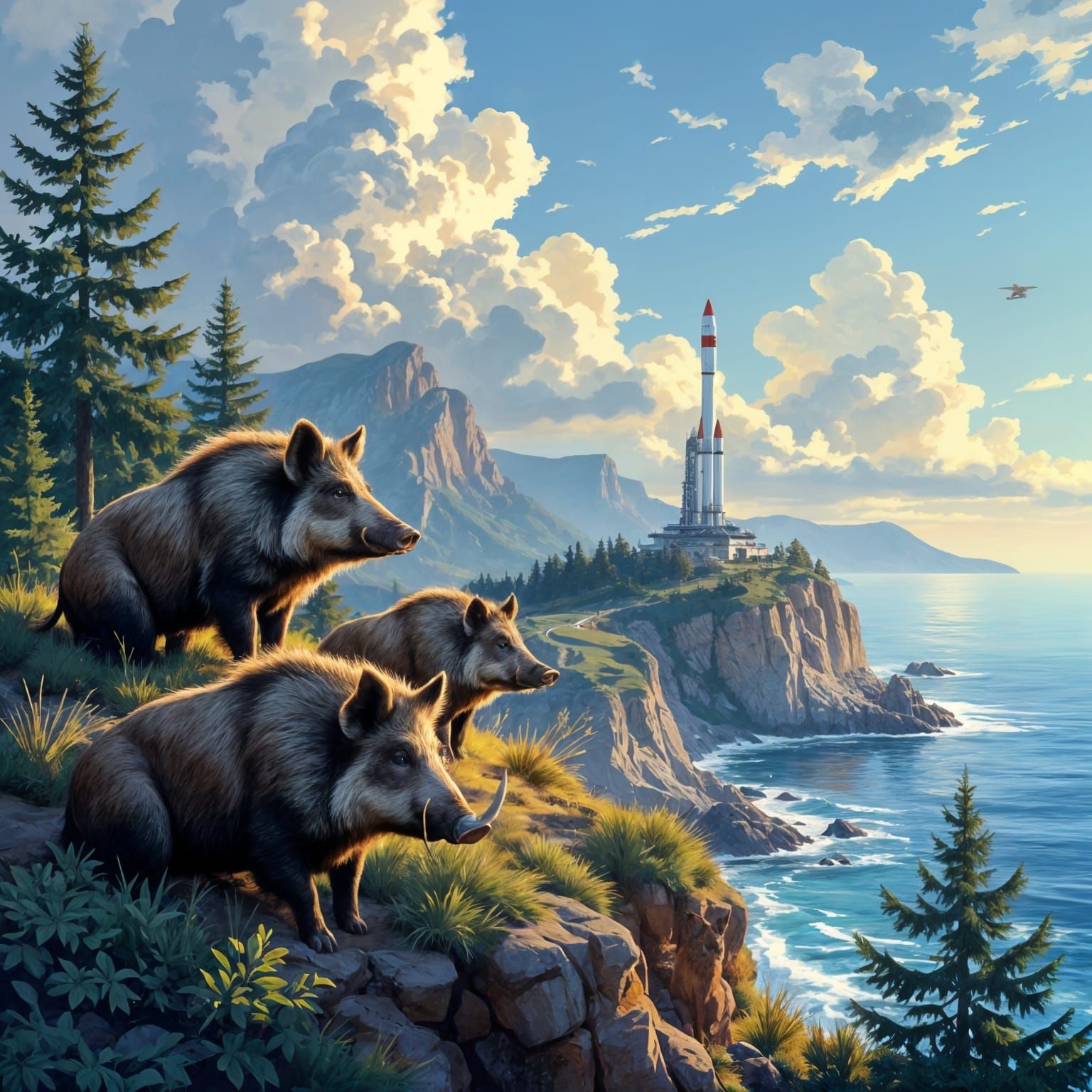 Boar Family Watches Rocket Launch from Mediterranean Cliff