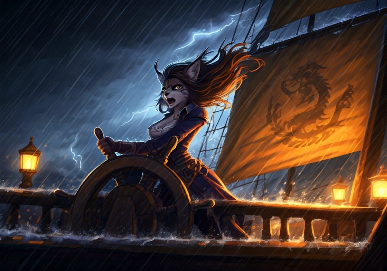 Lynx Pirate Battles Storm in Pastel Graphic Novel