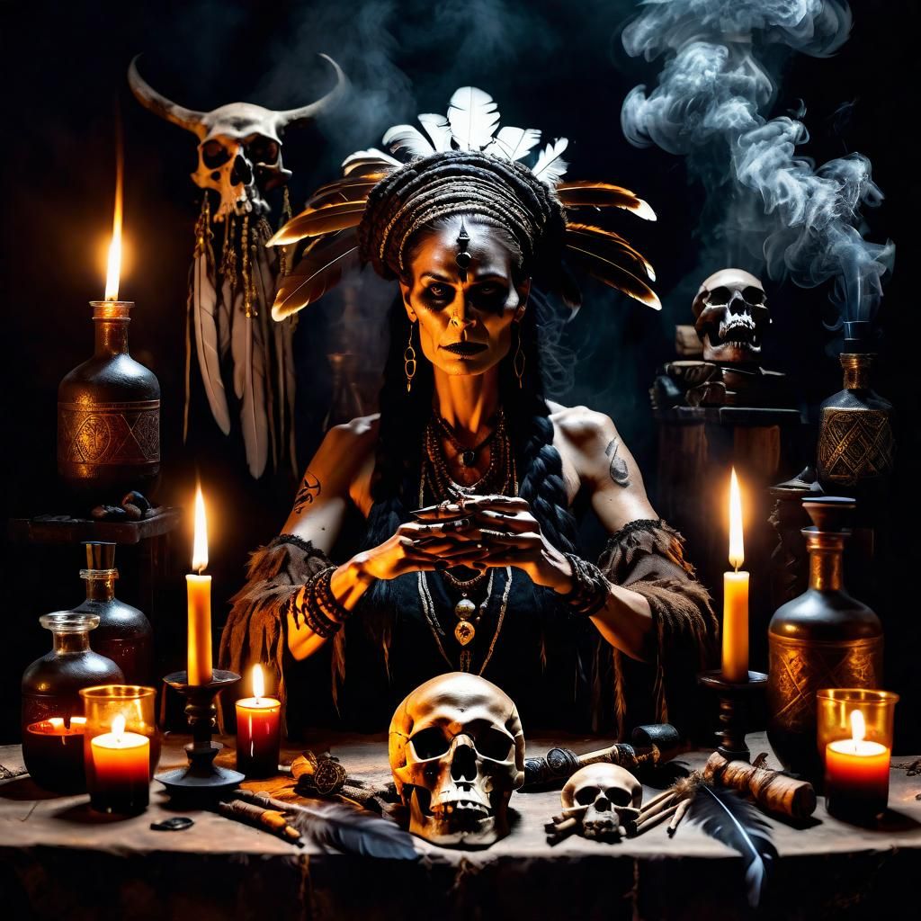 Tribal Sorceress at Altar with Potions and Candles