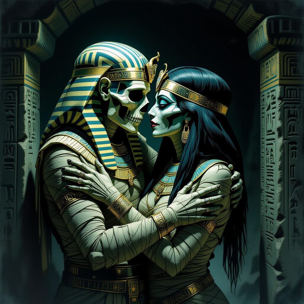 Gothic Mummies Embrace in Ancient Tomb